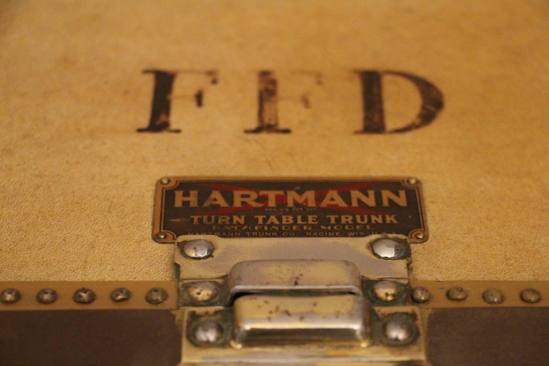 American 1930s Hartmann Beige Leather Turntable Wardrobe Fitted Steamer Trunk