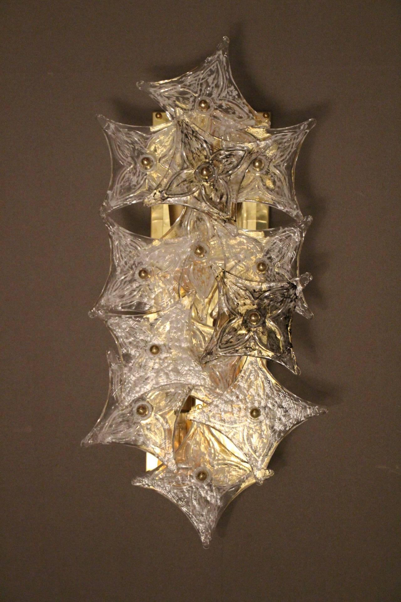 Mid-Century Modern Pair of Sconces in Murano Glass Plaques in the Style of Barovier