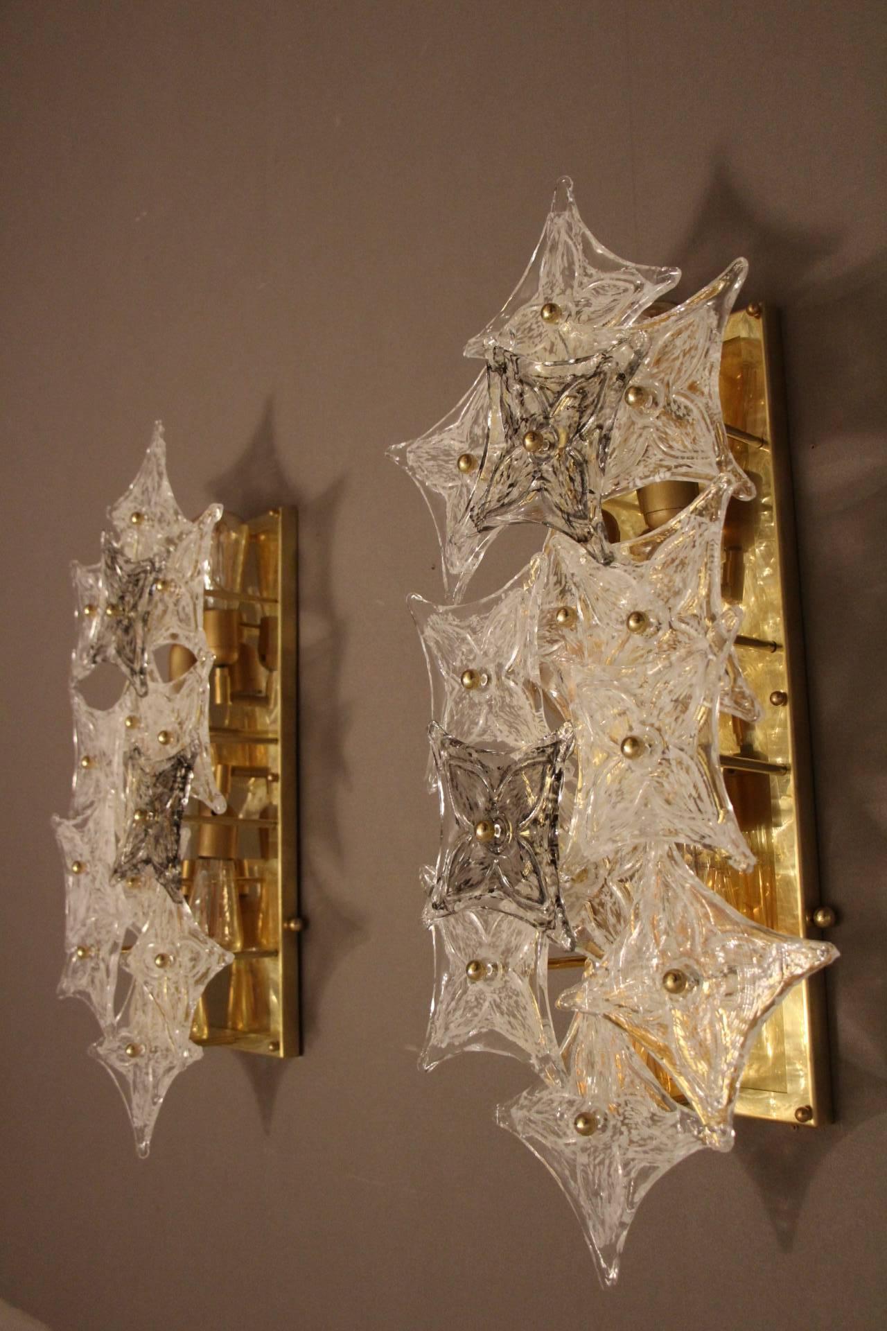 Italian Pair of Sconces in Murano Glass Plaques in the Style of Barovier