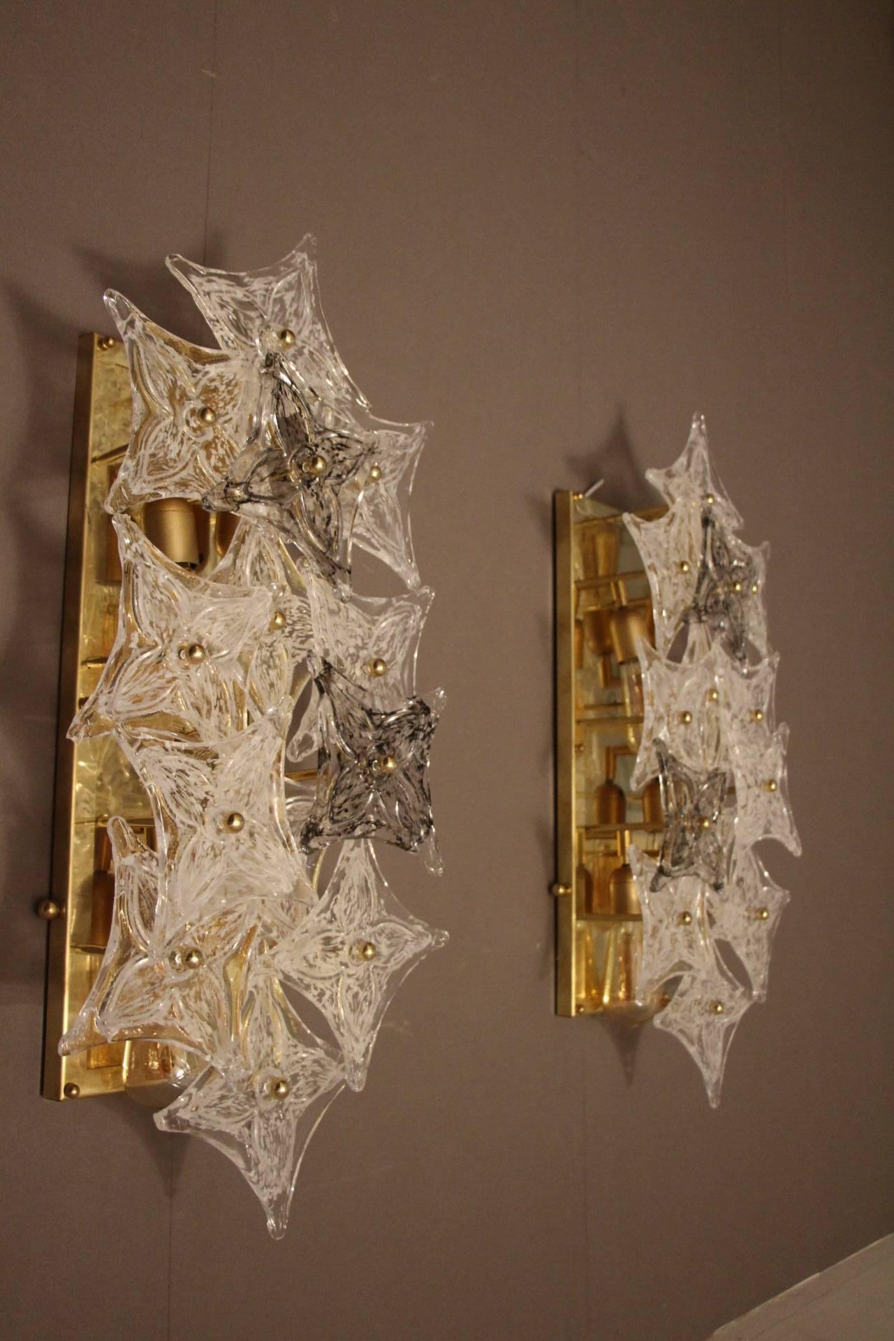 Brass Pair of Sconces in Murano Glass Plaques in the Style of Barovier