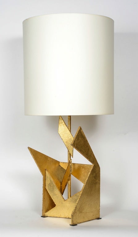 Nice pair of asymmetrical lamps made of free shaped gold painted metal panels.