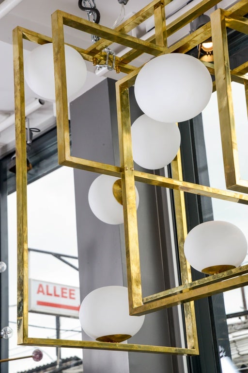 XXIe siècle et contemporain Lustre rectangulaire Glustin Luminaires Creation avec globes en vente