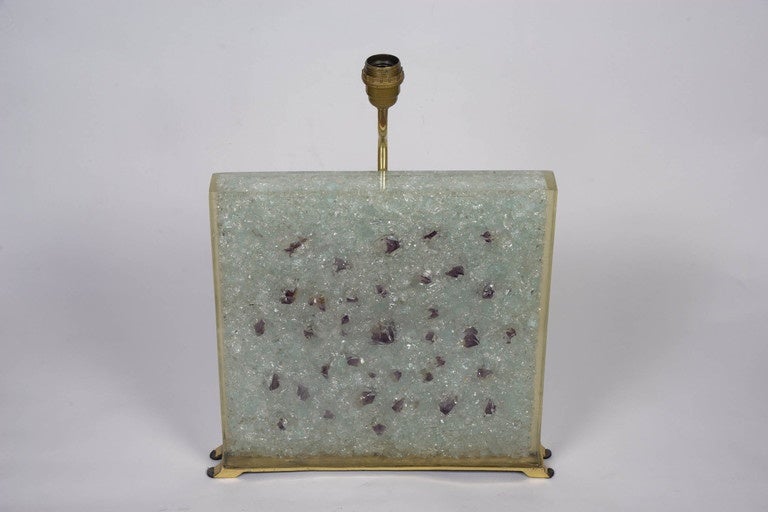 Modern Square Fractale Resin and Amethyst Pair of Lamps For Sale