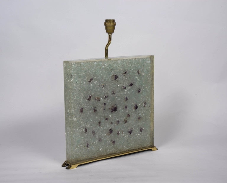 French Square Fractale Resin and Amethyst Pair of Lamps For Sale