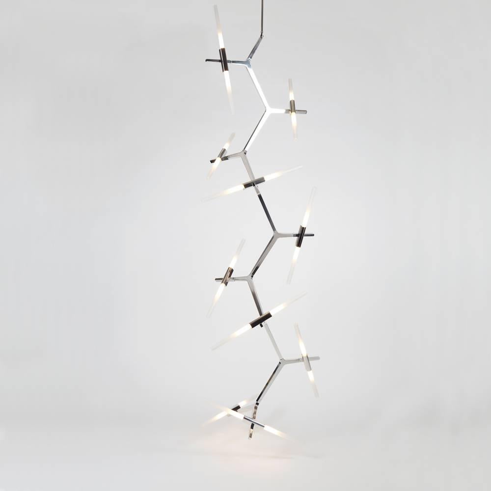 Lindsey Adelman's Agnes chandeliers for Roll & Hill feature a modular structure that can be assembled in configurations from a modest, six-light chandelier to a large 20-light cascading chandelier. “Agnes, in its ideal state, would be a very