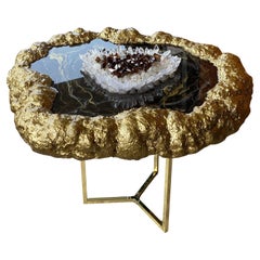Black marble and geode resin table with natural quartz