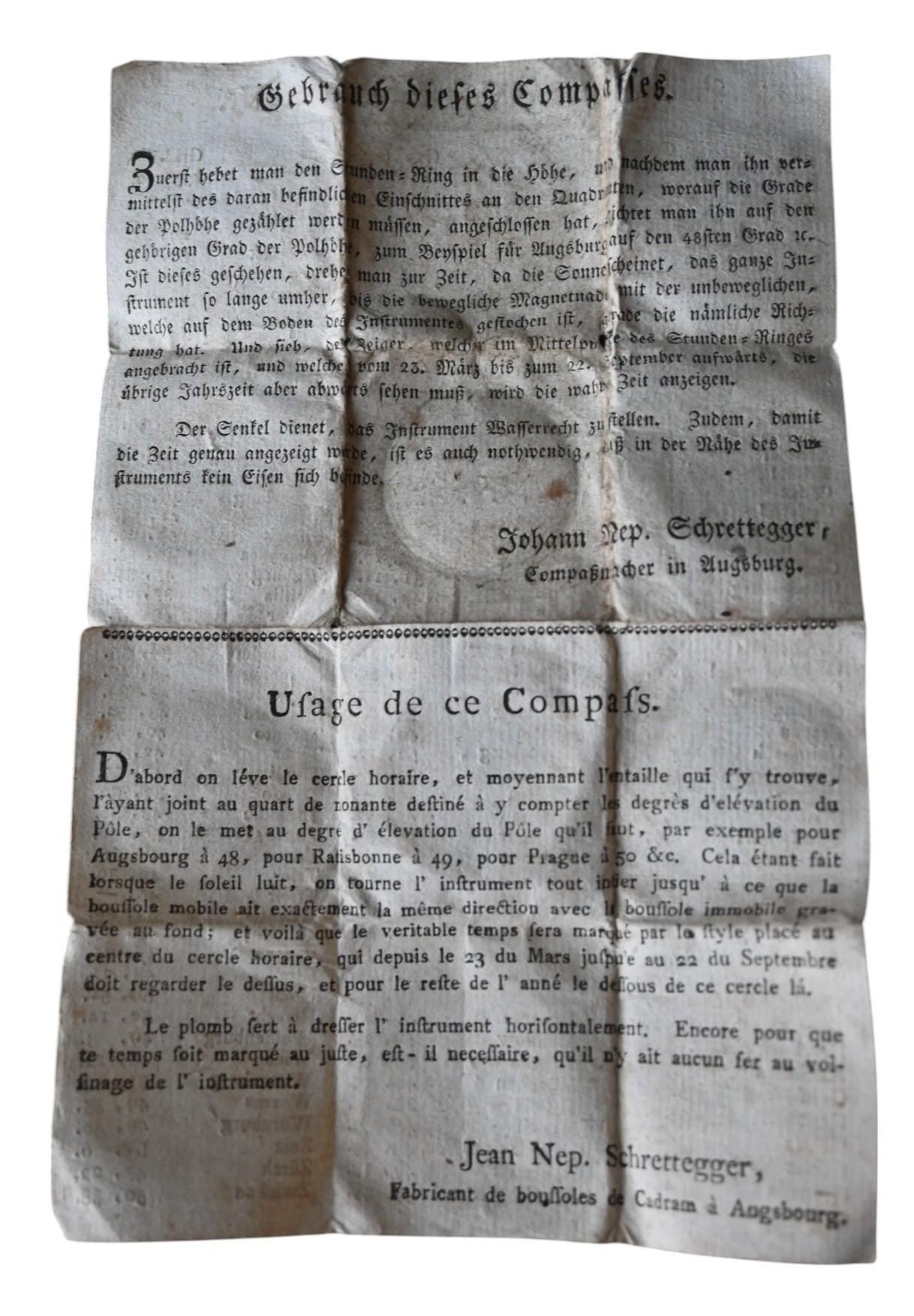 Rare cadran solaire équatorial et boussole du 18e siècle de Johann Nepomuk Schrettegger Bon état - En vente à Bilzen, BE