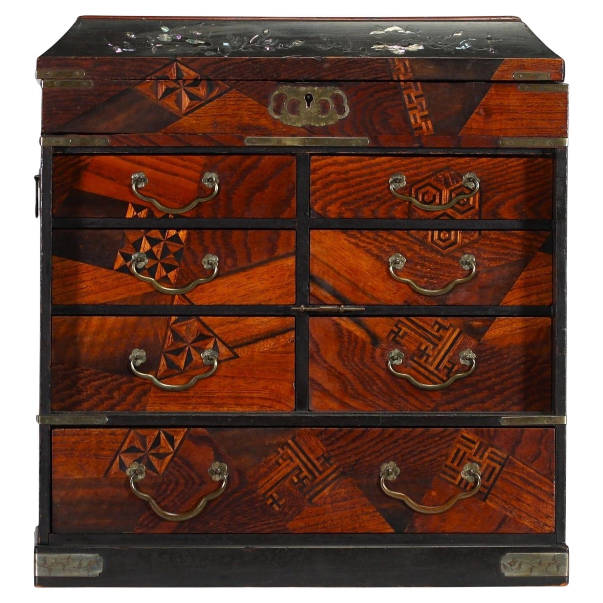 Japanese Kusuri Dansu – Apothecary Box With Yosegi Marquetry & Raden Inlays For Sale