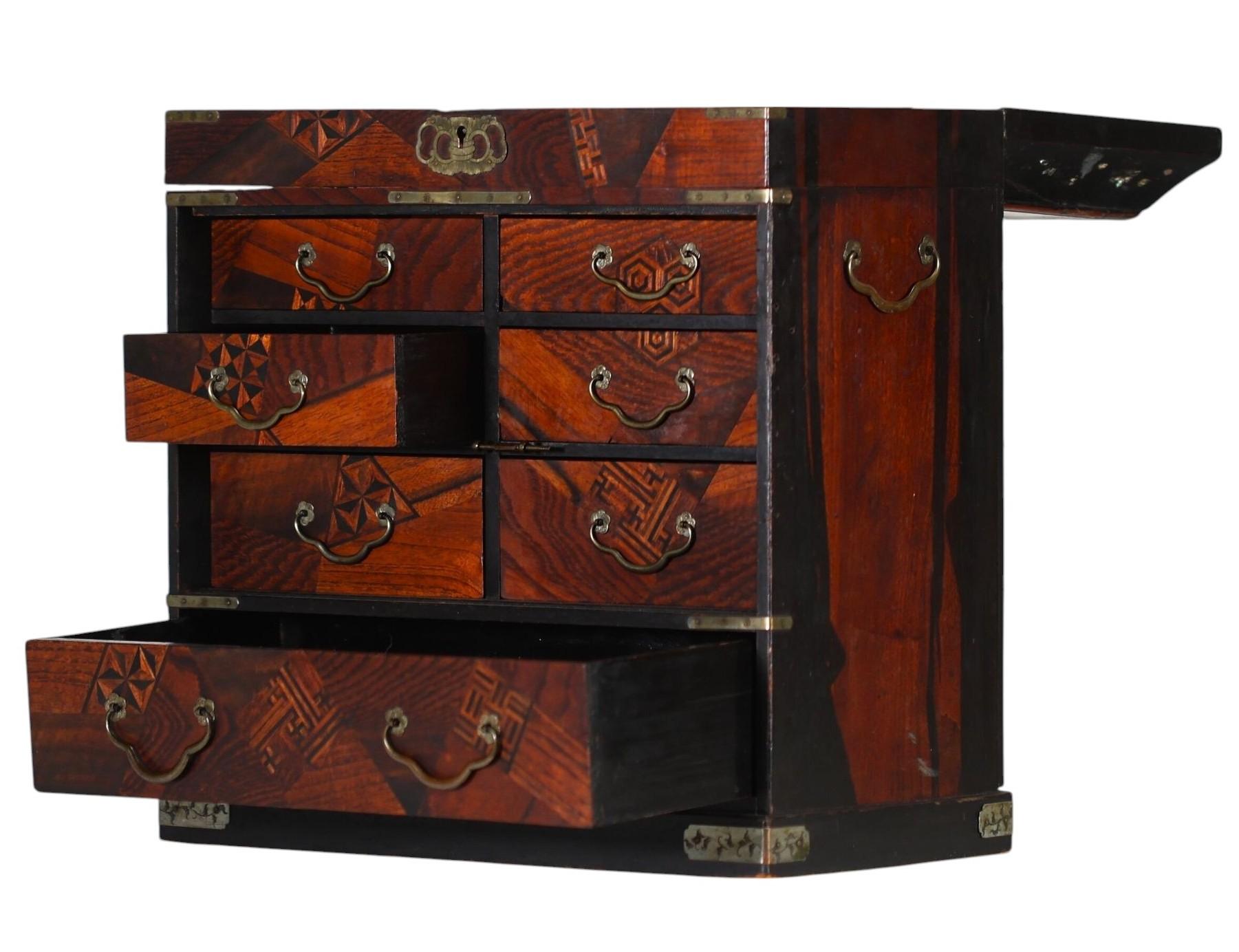 Meiji Japanese Kusuri Dansu – Apothecary Box With Yosegi Marquetry & Raden Inlays For Sale