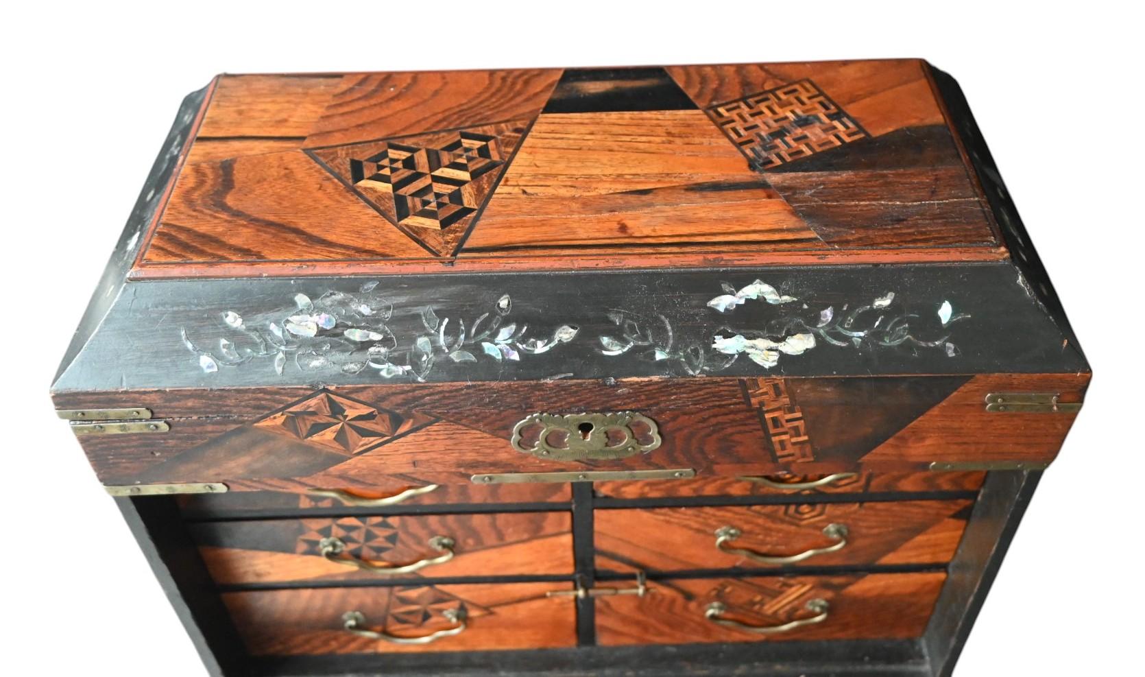 19th Century Japanese Kusuri Dansu – Apothecary Box With Yosegi Marquetry & Raden Inlays For Sale