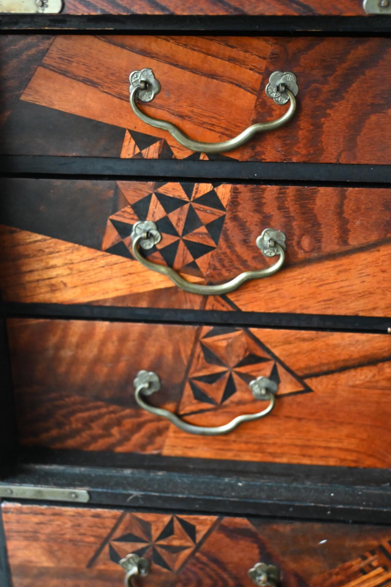 Wood Japanese Kusuri Dansu – Apothecary Box With Yosegi Marquetry & Raden Inlays For Sale