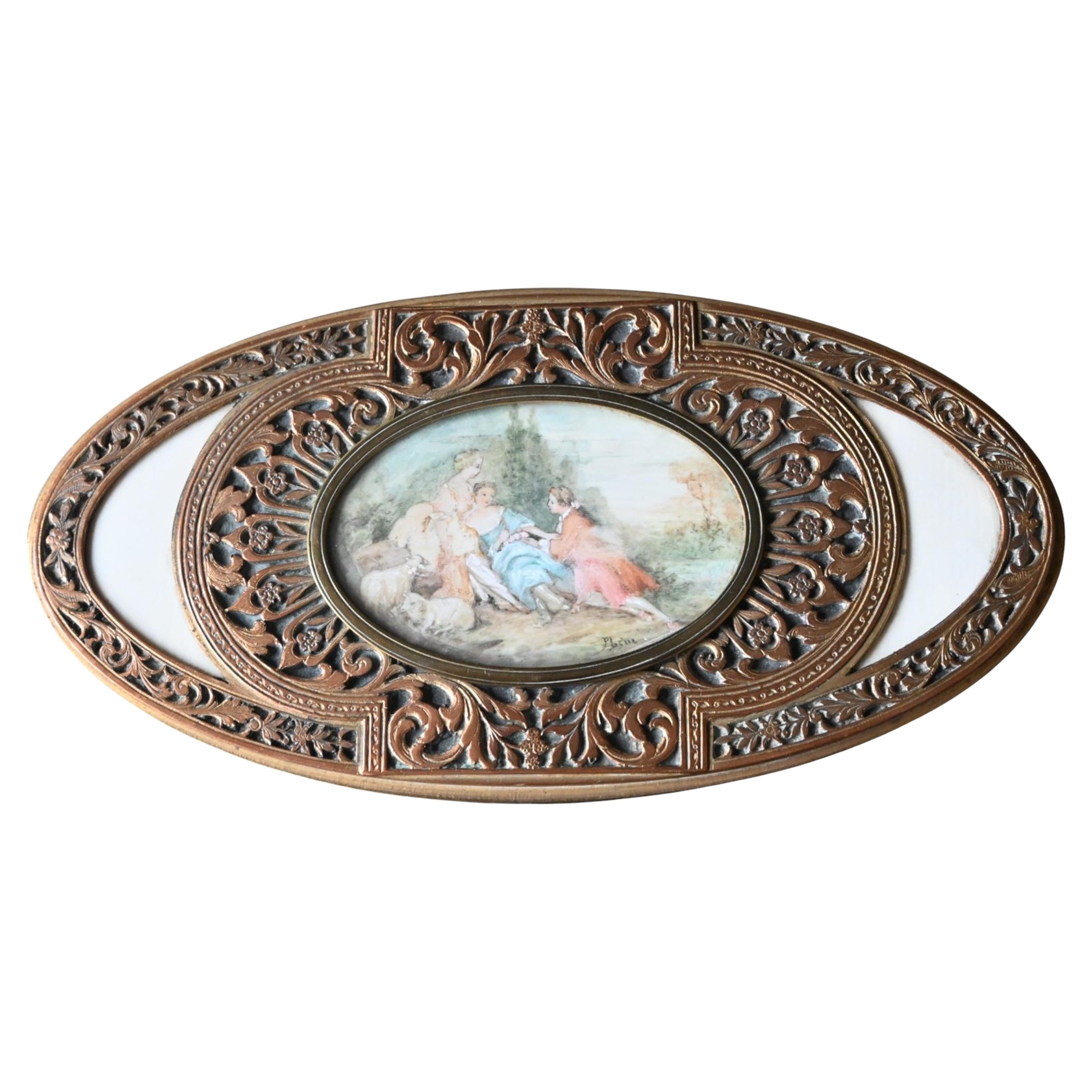 Antique Oval Bronze Box With Hand-painted Miniature – Signed "p. Brin" For Sale