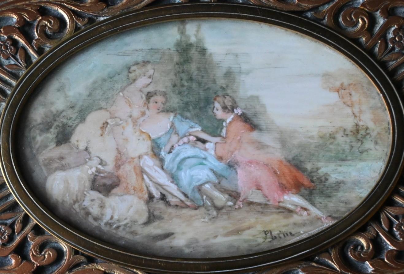 Louis XV Antique Oval Bronze Box With Hand-painted Miniature – Signed 