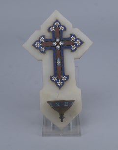 Wall-mounted holy water font made of onyx and champlevé enamel on copper, circa
