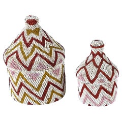 Two beaded Tutsi agaseke Rwanda - raffia and glass bead basketry, 1943
