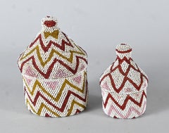 Two beaded Tutsi agaseke Rwanda - raffia and glass bead basketry, 1943