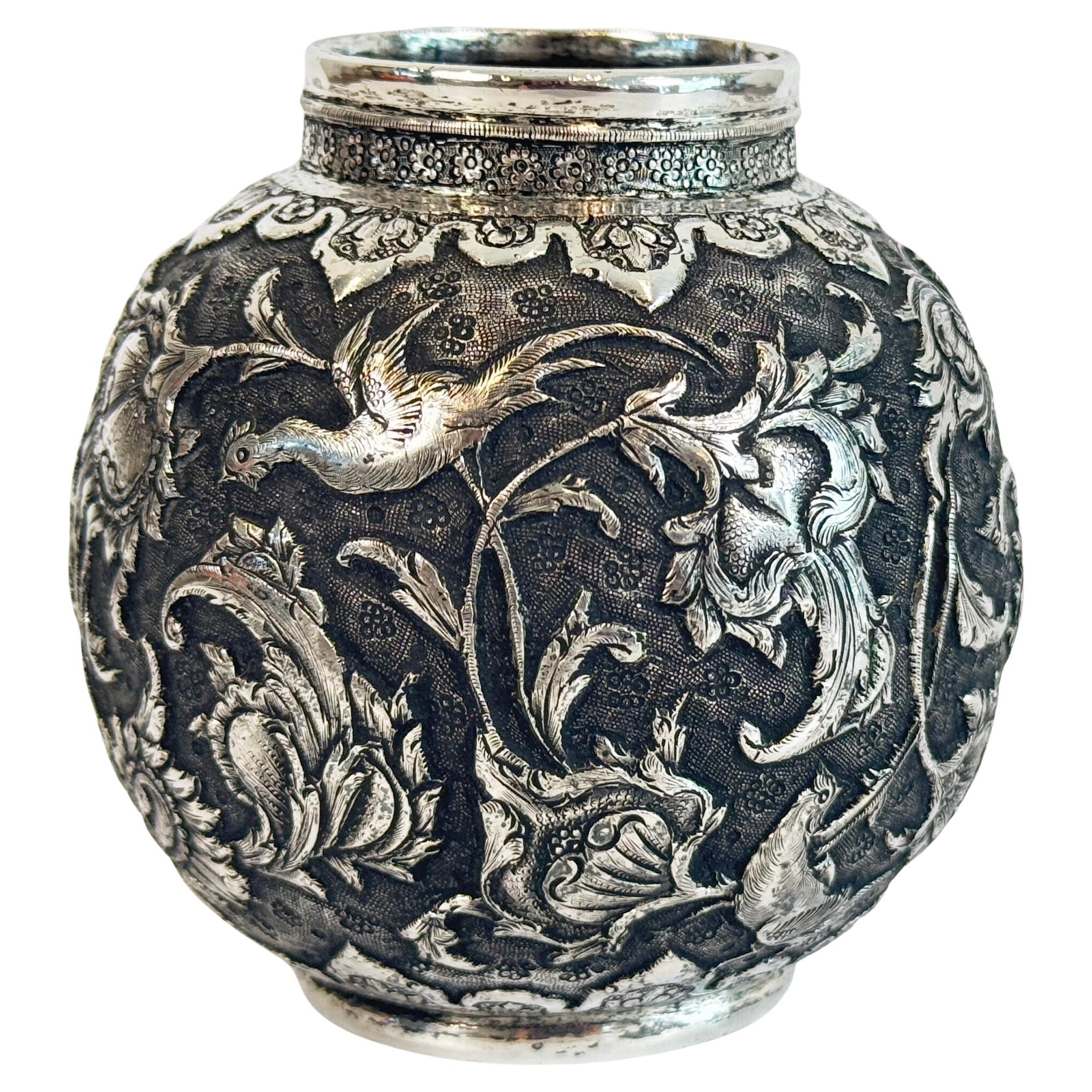 Small Persian Silver Repousse Decorated Vase For Sale
