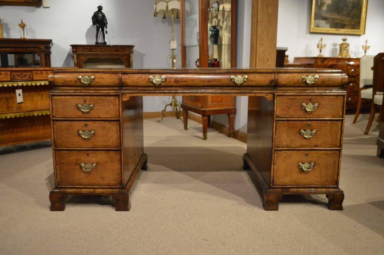 Early 20th Century Good Walnut George I Style Antique Pedestal Desk