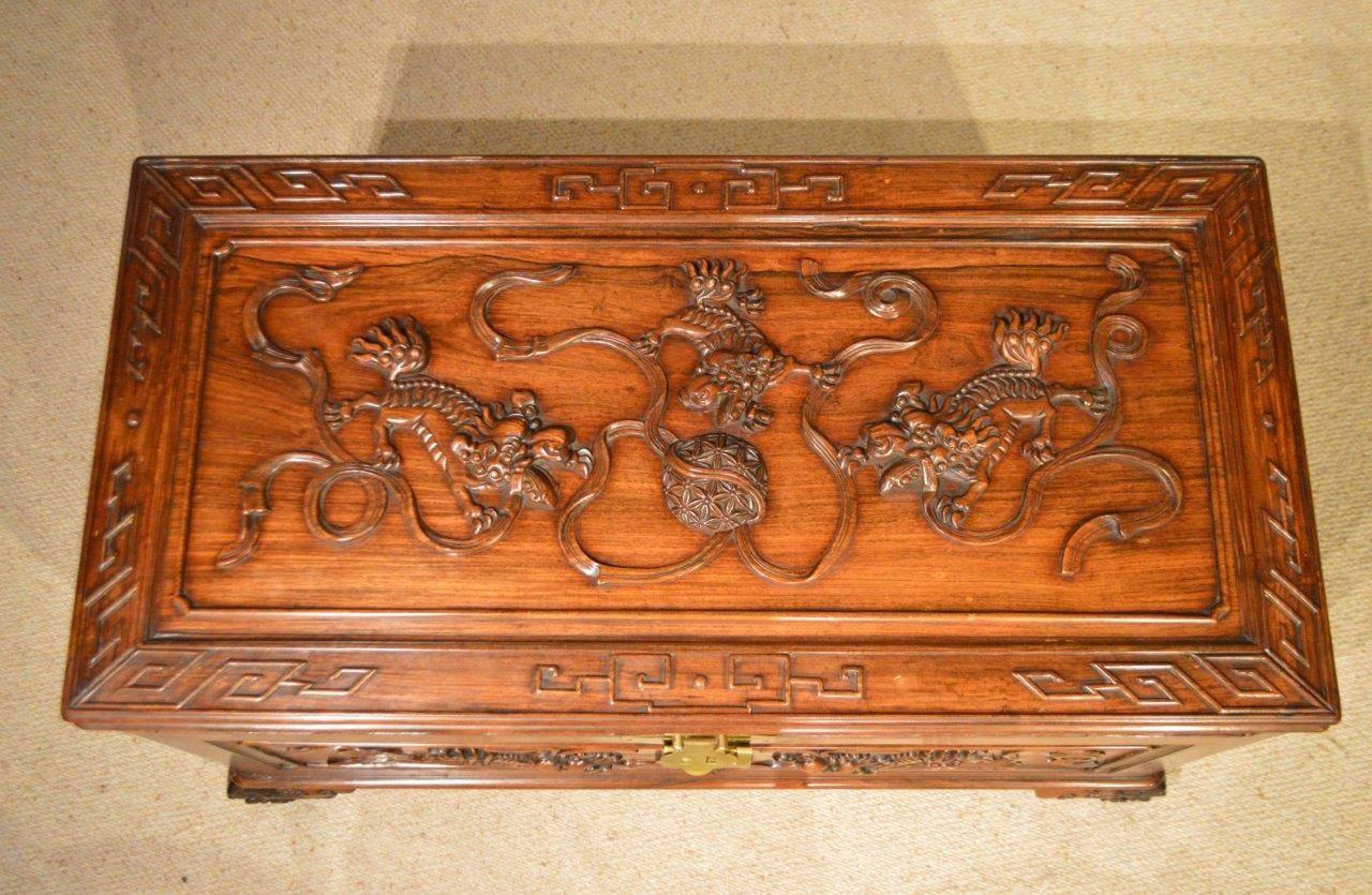 Early 20th Century Hardwood Chinese Carved Camphor Lined Trunk