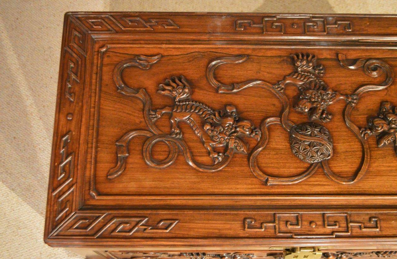 Hardwood Chinese Carved Camphor Lined Trunk In Excellent Condition In Darwen, GB