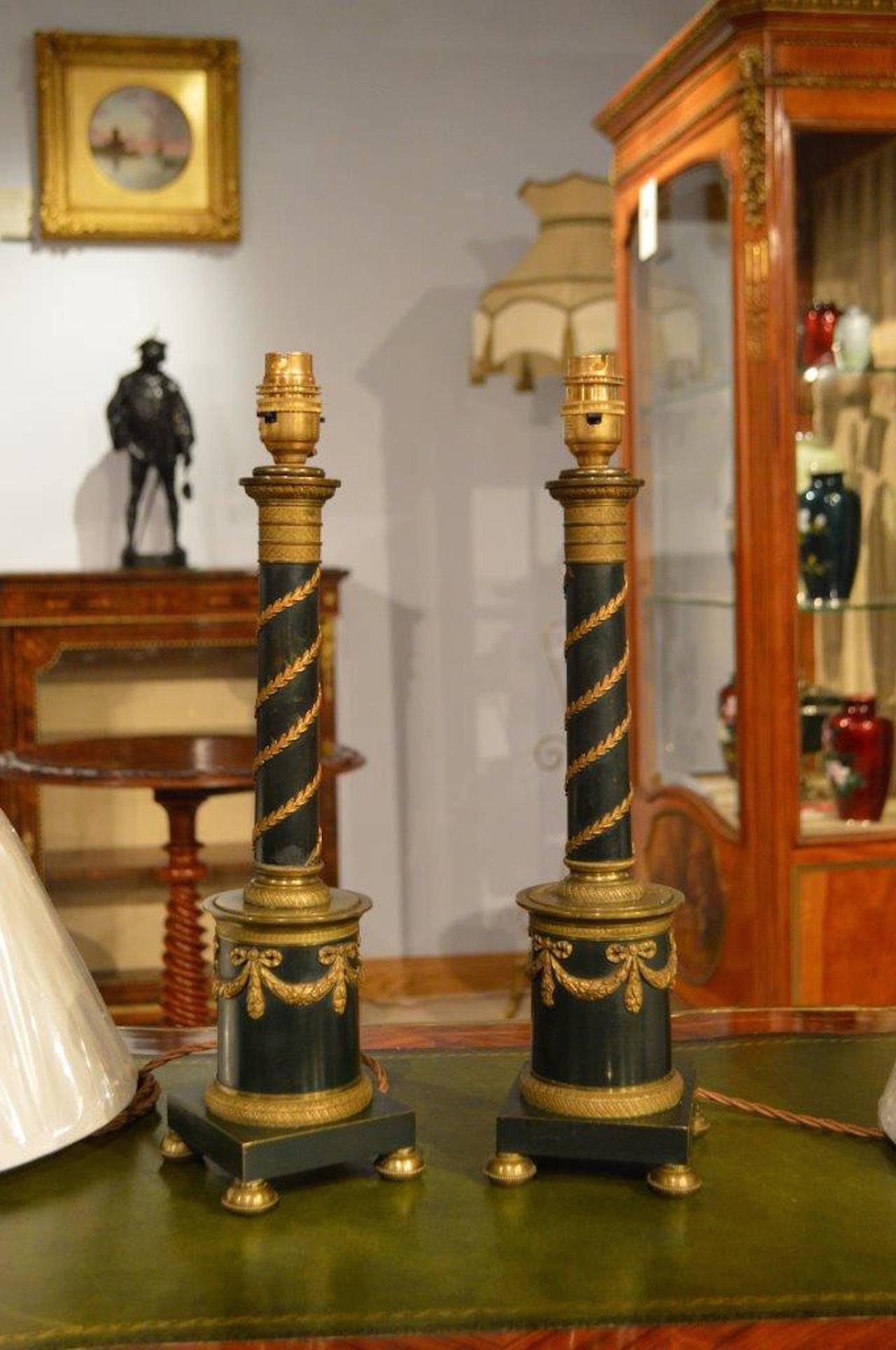 Pair of Bronze and Ormolu French Empire Style Antique Lamps 3