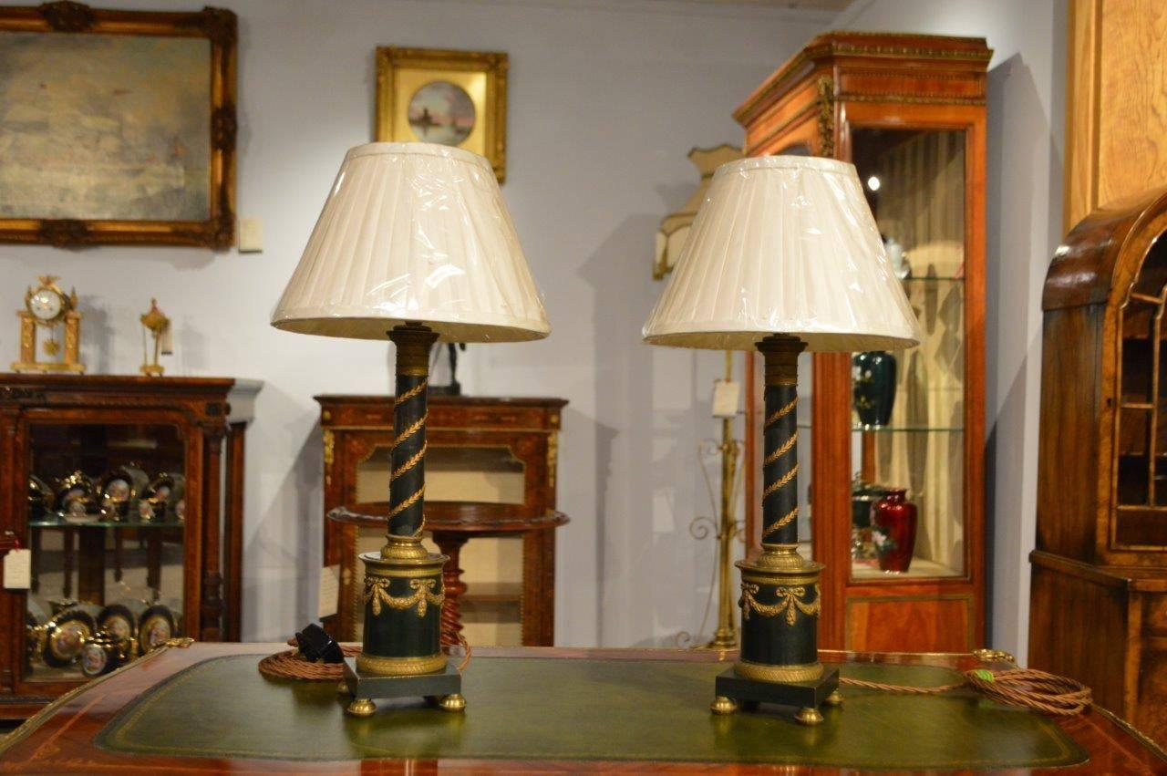 Pair of Bronze and Ormolu French Empire Style Antique Lamps In Excellent Condition In Darwen, GB