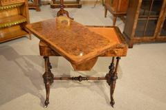 Walnut, Amboyna & Marquetry Inlaid Victorian Period Fold over Card/Sewing Tabl
