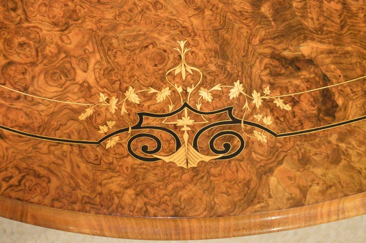 Burr Walnut and Marquetry Inlaid Victorian Period Oval Loo Table 1