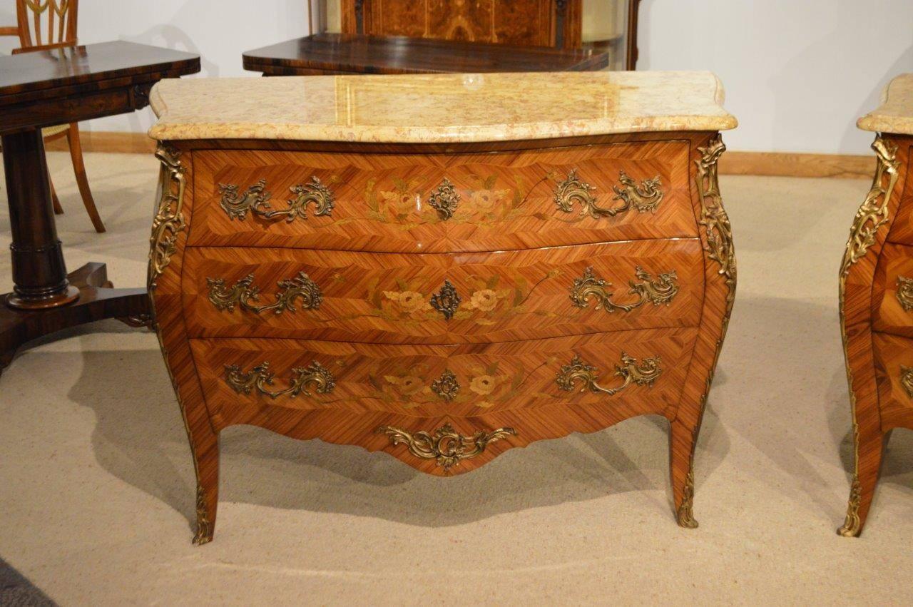 Fine Quality Pair of Kingwood Louis XV Style Marble-Topped Bombe Shaped Commode 2