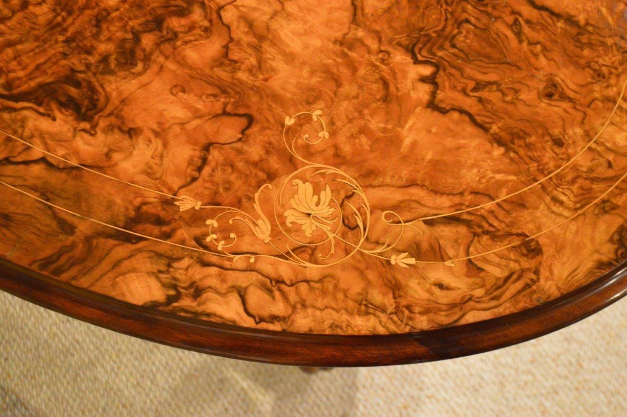 Burr Walnut and Marquetry Inlaid Victorian Period Antique Coffee Table In Excellent Condition In Darwen, GB