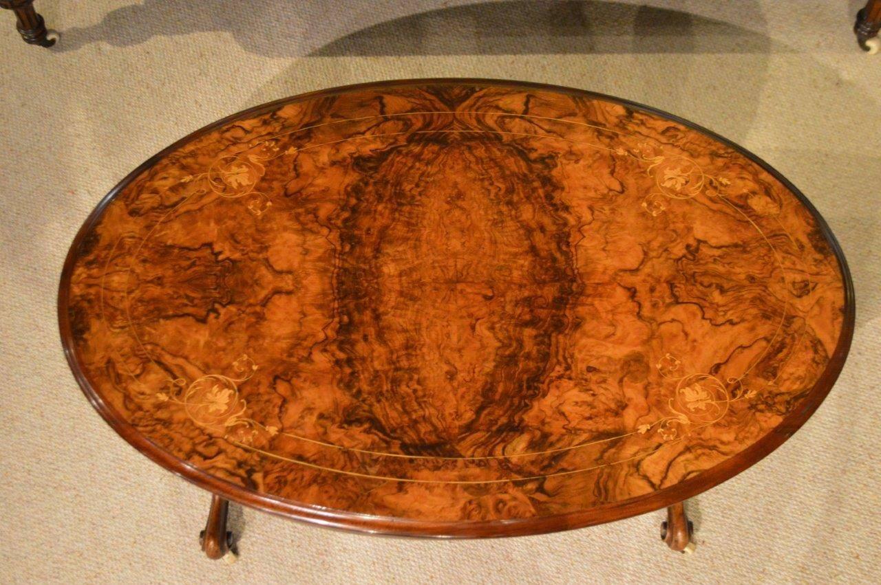 Burr Walnut and Marquetry Inlaid Victorian Period Antique Coffee Table 1