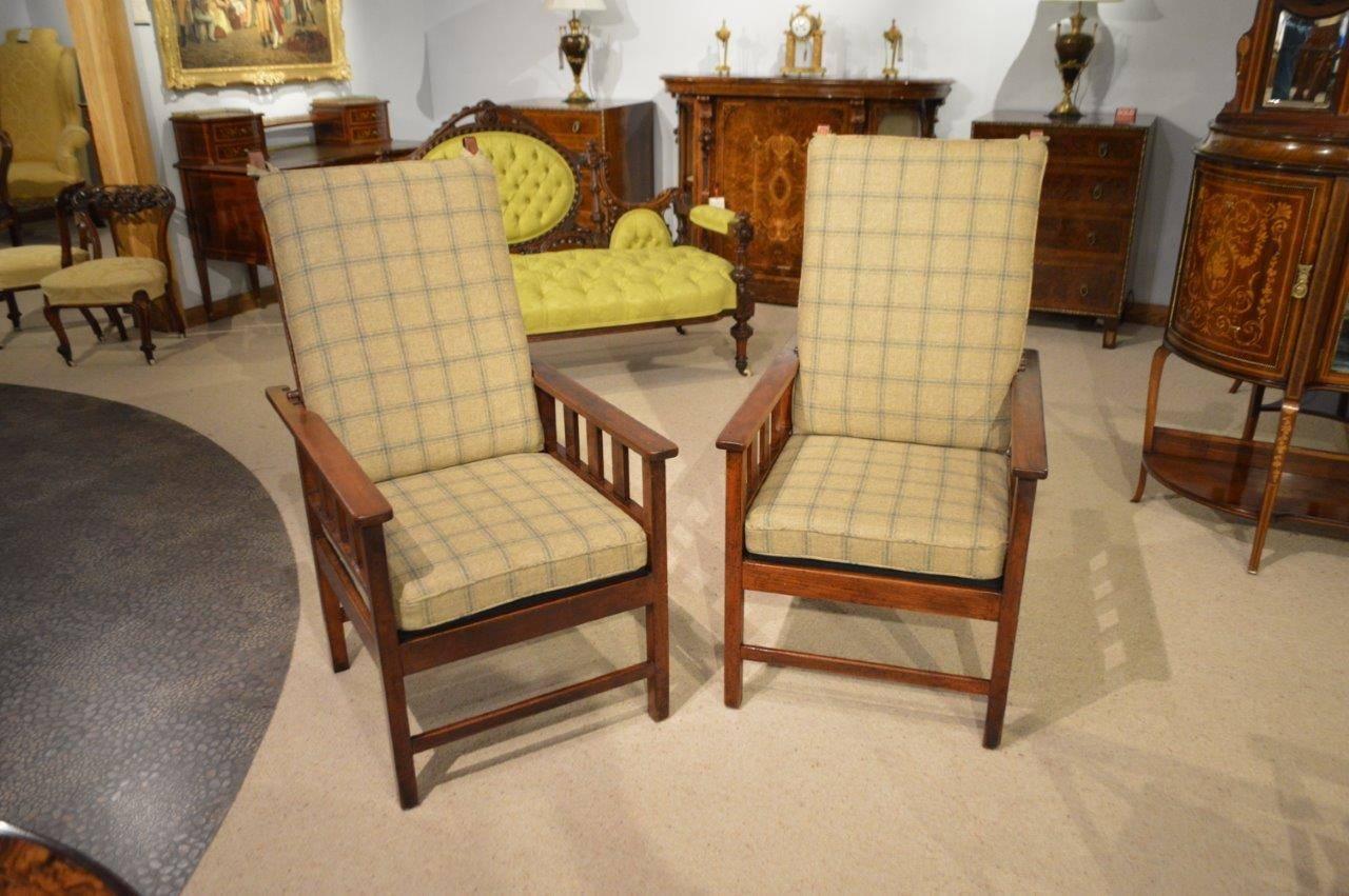 Early 20th Century Pair of Mahogany Arts and Crafts Period Antique Reclining Chairs