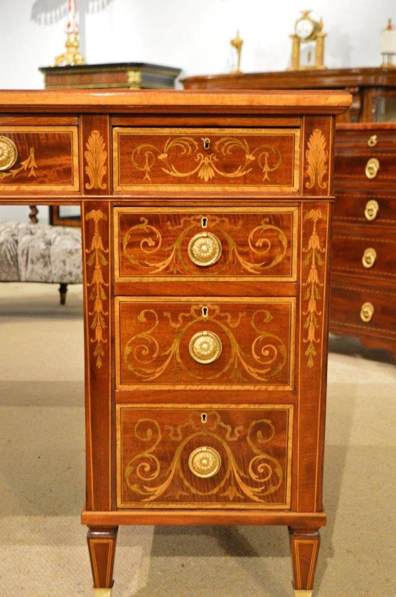Early 20th Century Fine Quality Marquetry and Pen-Work Inlaid Sheraton Revival Antique Writing Desk