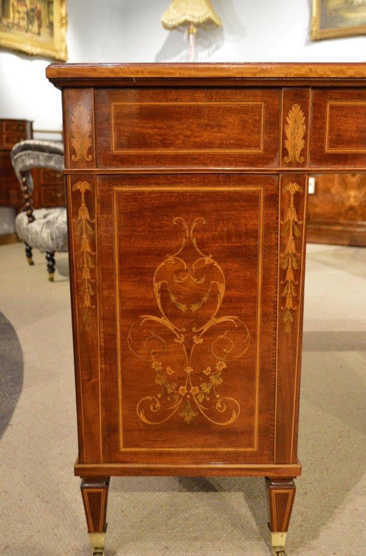 Fine Quality Marquetry and Pen-Work Inlaid Sheraton Revival Antique Writing Desk 1