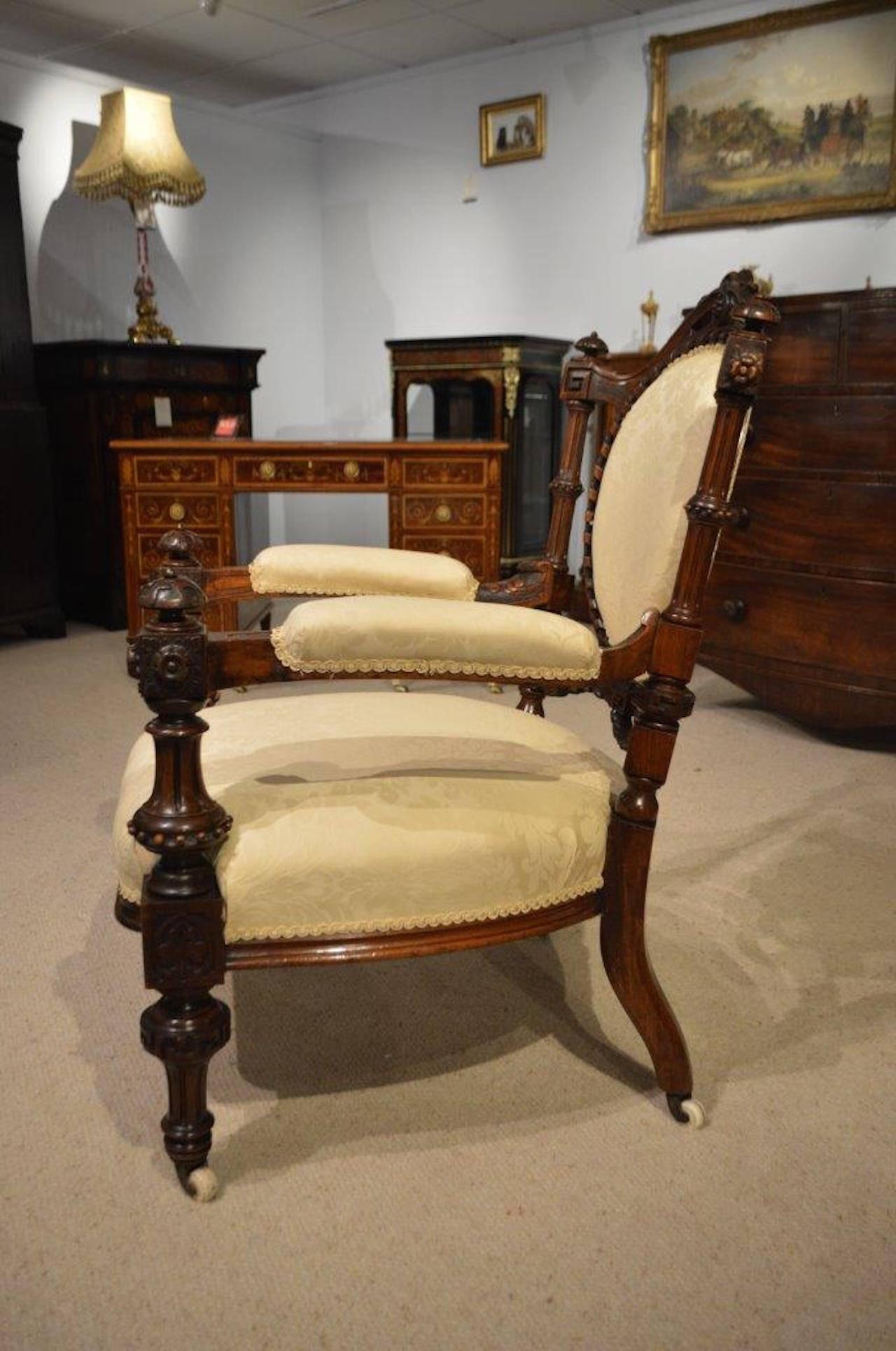 Stunning Quality Carved Walnut Victorian Period Ladies and Gents Chairs 3