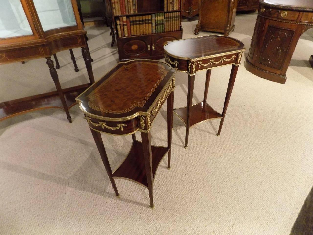 Pair of French Mahogany, Kingwood and Parquetry Inlaid Side Tables In Excellent Condition In Darwen, GB