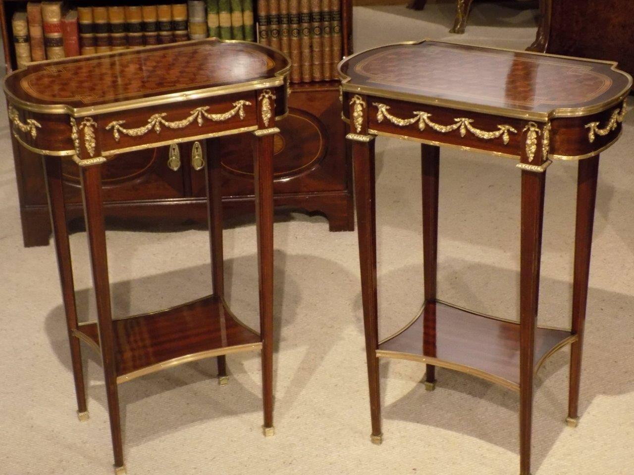 Late 19th Century Pair of French Mahogany, Kingwood and Parquetry Inlaid Side Tables