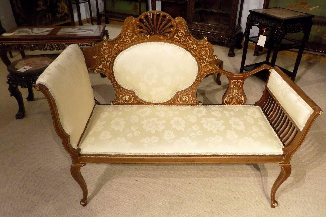 Mahogany and Marquetry Inlaid Edwardian Period Antique Settee In Excellent Condition In Darwen, GB