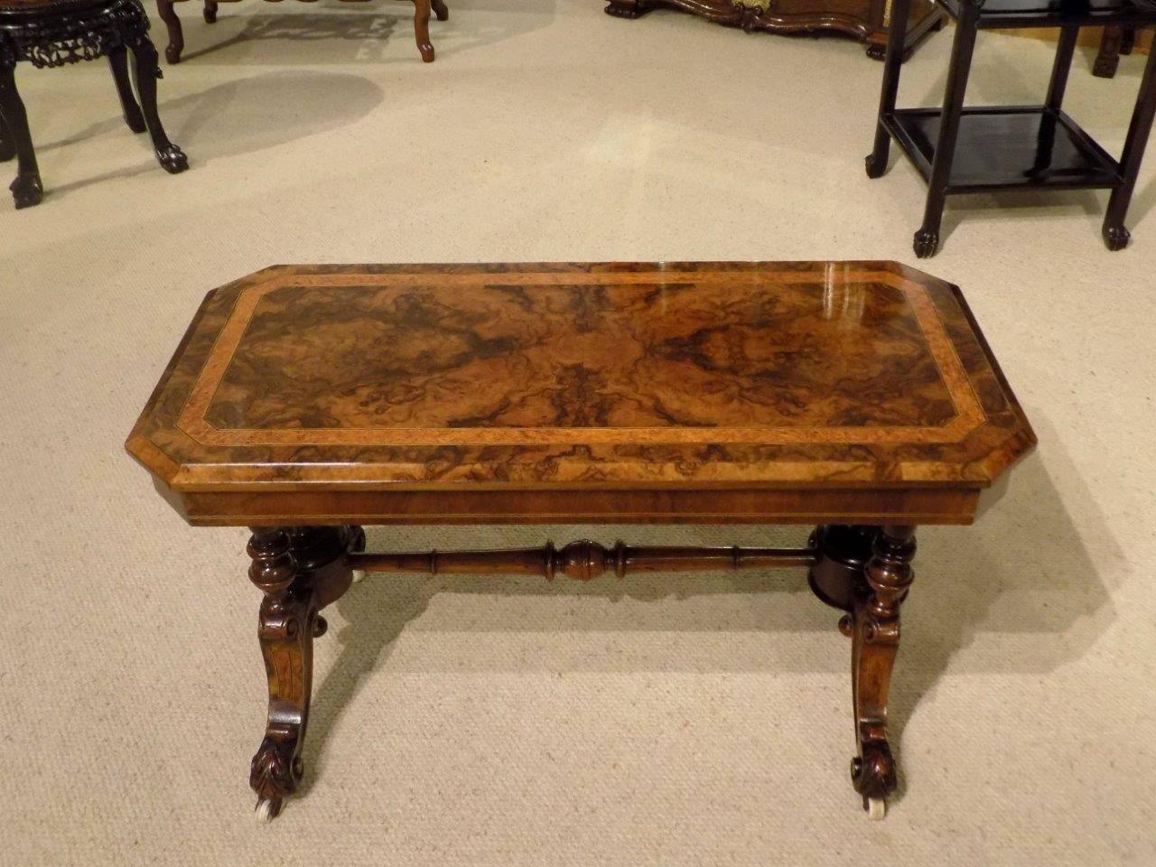 Burr Walnut and Amboyna Inlaid Victorian Period Antique Coffee Table In Excellent Condition In Darwen, GB