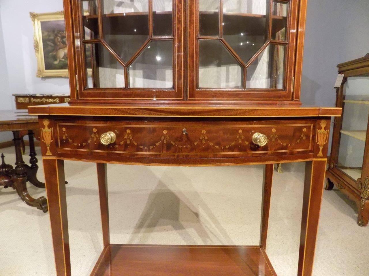 Superb Quality Mahogany and Marquetry Inlaid Bow Front Cabinet on Stand 1