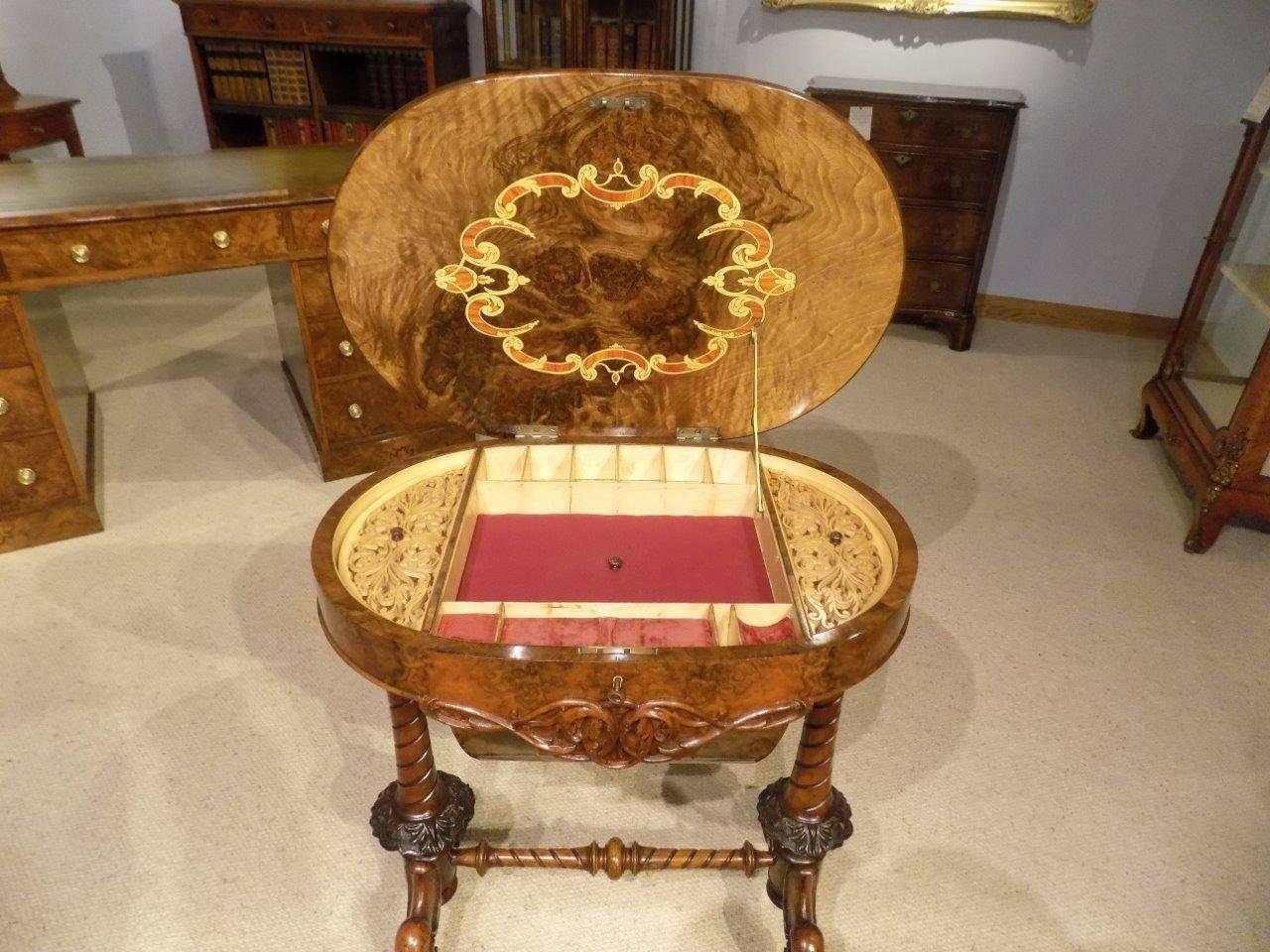 Mid-19th Century Superb Quality Burr Walnut Victorian Period Oval Shaped Antique Sewing Table