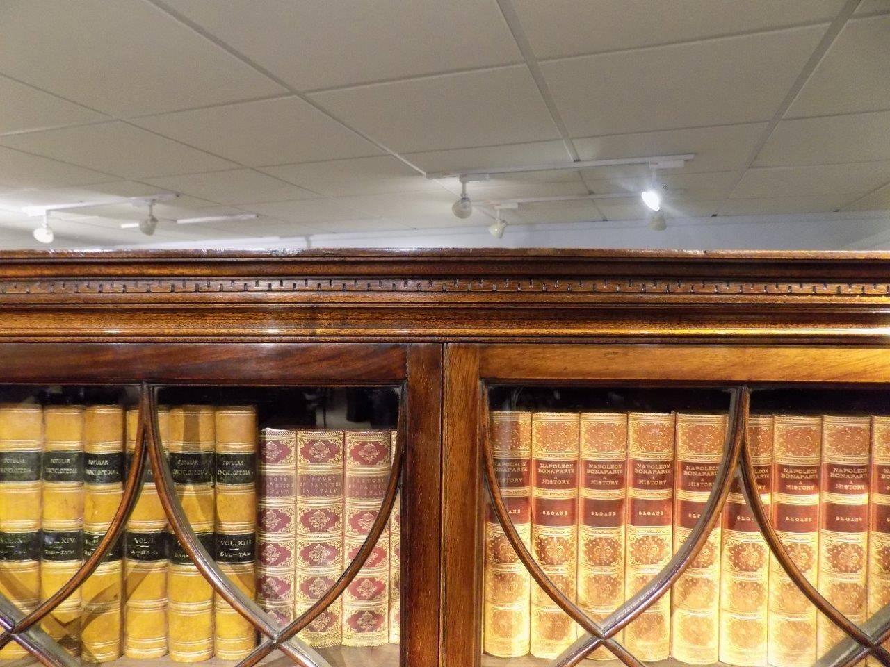 A fine quality mahogany Edwardian period astragal glazed bookcase. The stepped and moulded cornice with Greek key detail above astragal glazed doors, enclosing three adjustable shelves with storage beneath. The lower panels to the bookcase veneered