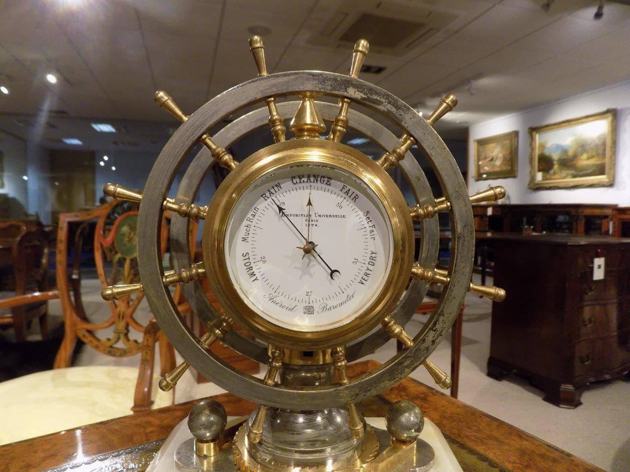 Rare Novelty Nautical Revolving Ships Wheel Desk Clock or Barometer In Excellent Condition In Darwen, GB