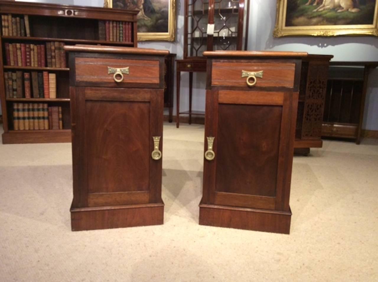 A good pair of walnut Victorian Period antique bedside cabinets. The rectangular solid walnut tops with small galleried backs. Each with a rectangular mahogany lined drawer with an aesthetic style brass handle and twin walnut panelled left and right