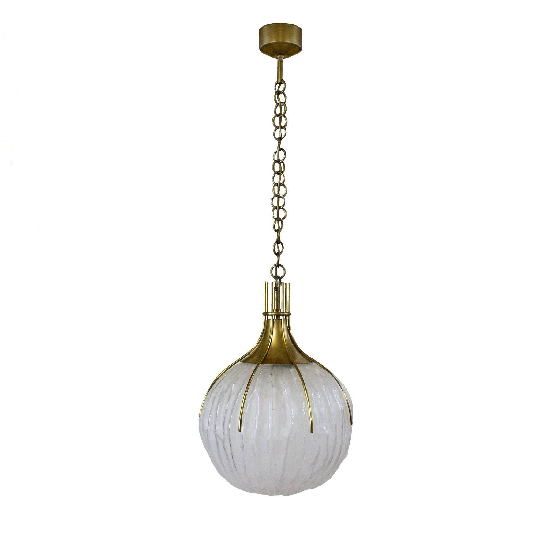  Mid-Century Modern Hanging Lantern by Esperia, Moulded Etched Glass - Italy