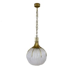 1950s Hanging Lantern by Esperia, Moulded Etched Glass, Polished Brass, Italy