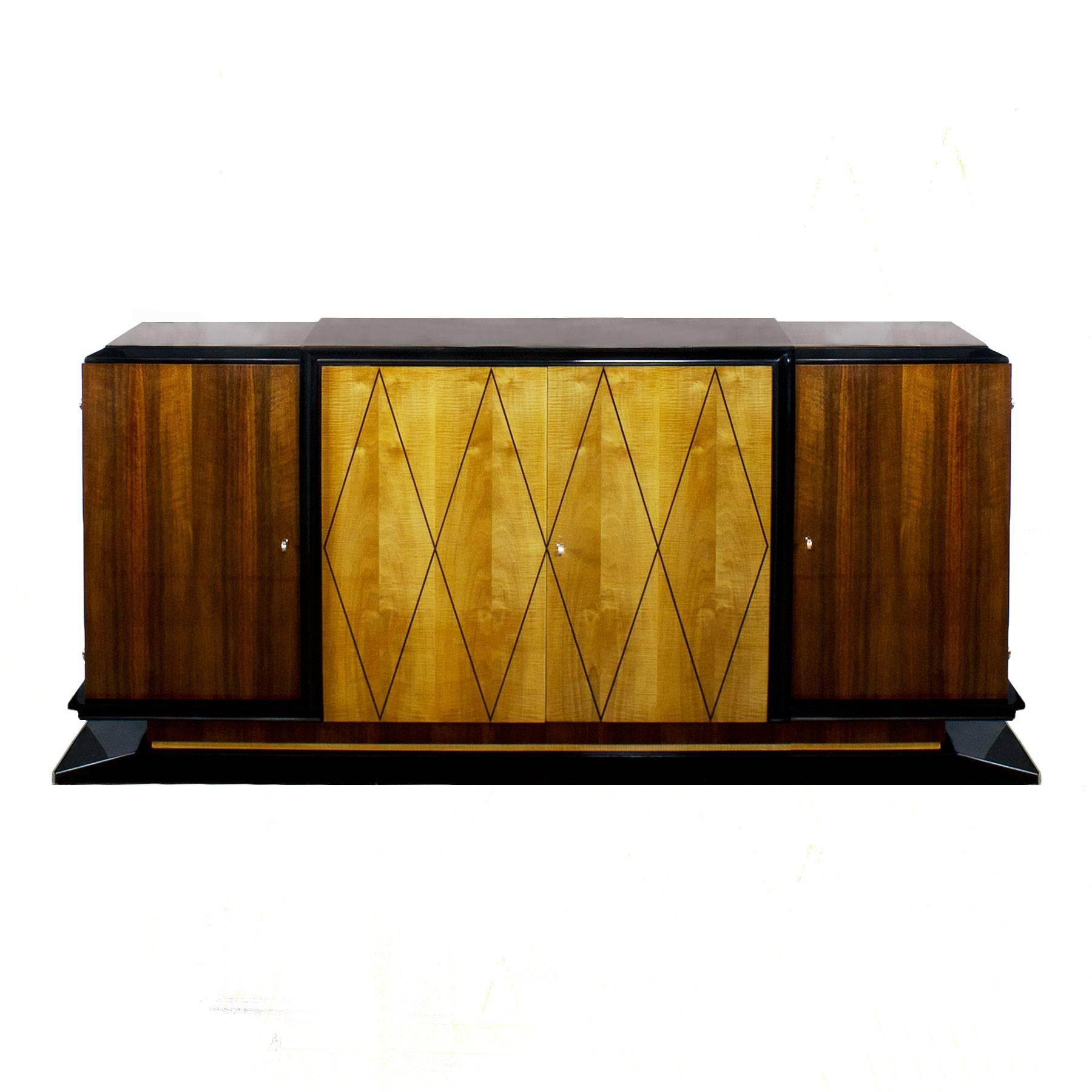 1935 Art Deco Sideboard, Attributed De Coene Frères, Walnut, Sycamore, Belgium