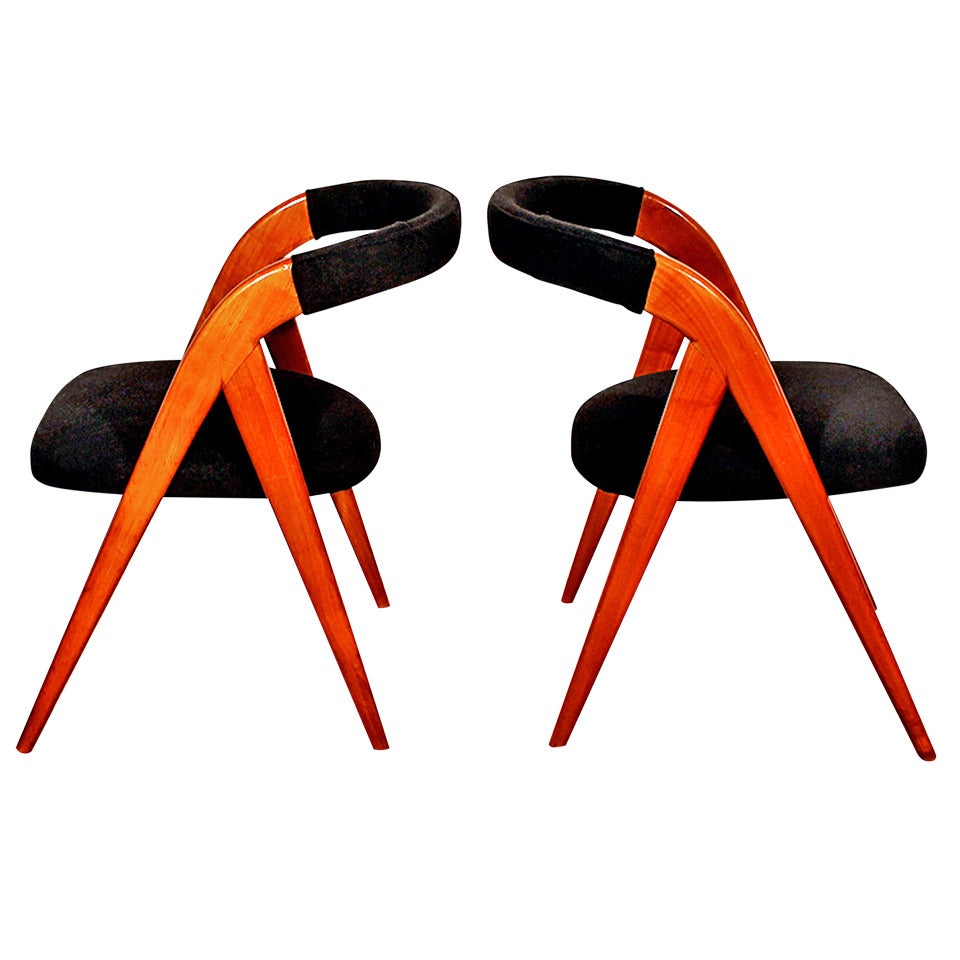 1950s Pair of Bridge Chairs, Compass Shape Feet, Cherrywood, Felt, Italy