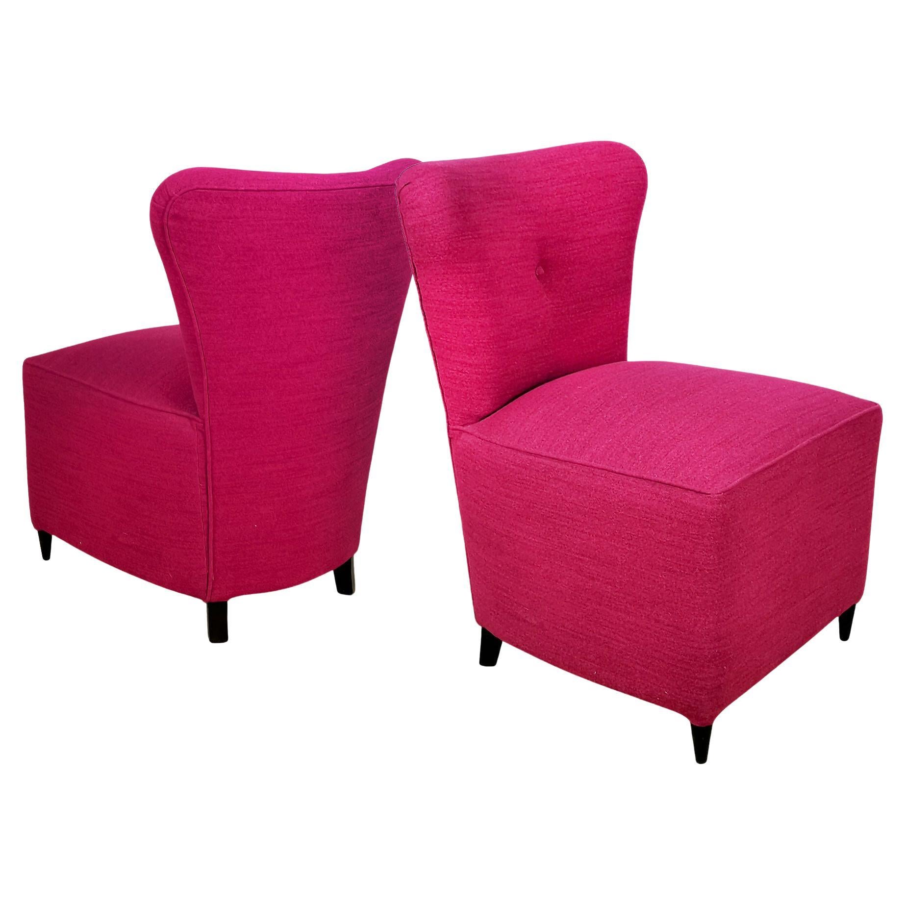 1940s Two Mini Low Chairs Pink Felt, Wood, Italy