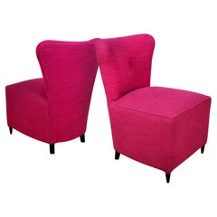 1940s Two Mini Low Chairs Pink Felt, Wood, Italy